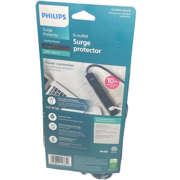 Philips 6 Outlet Surge Protector Power Strip 1080J 10FT Cord Black SPP6110BC - Picture 1 of 6